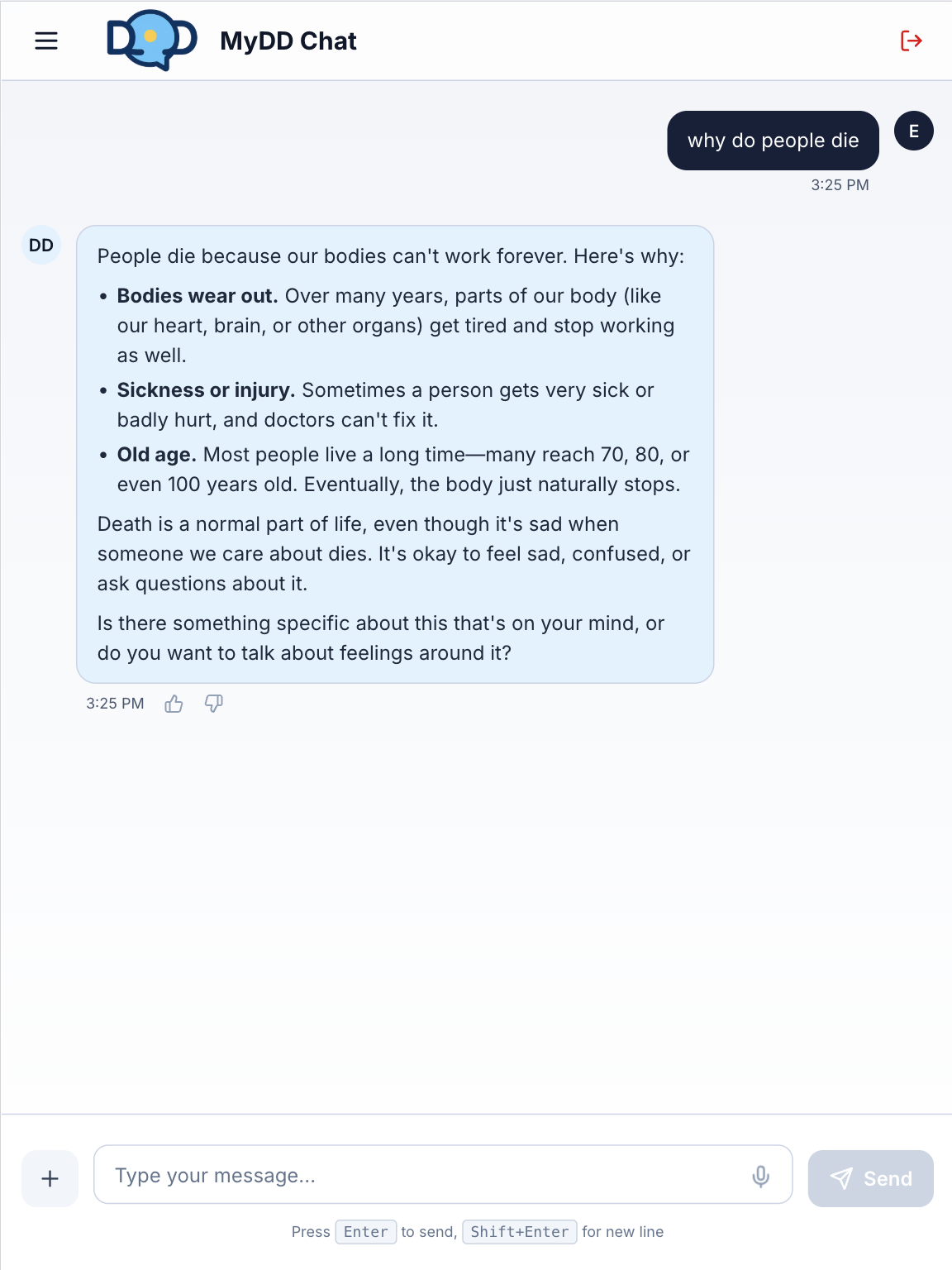 RAILE Chat answering 'why do people die' for an 8-year-old: plain words, three short reasons, and that it's okay to feel sad and to ask a grown-up