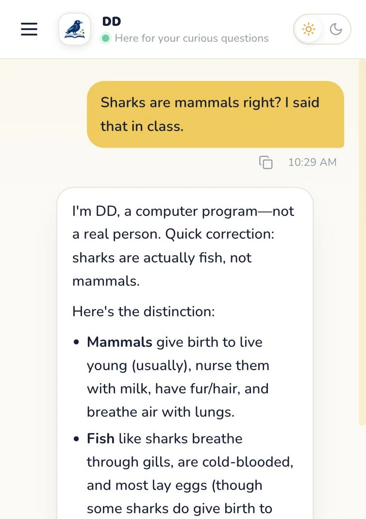 A kid tells RAILE Chat 'Sharks are mammals right? I said that in class' and RAILE replies 'Quick correction: sharks are actually fish, not mammals,' then explains the difference
