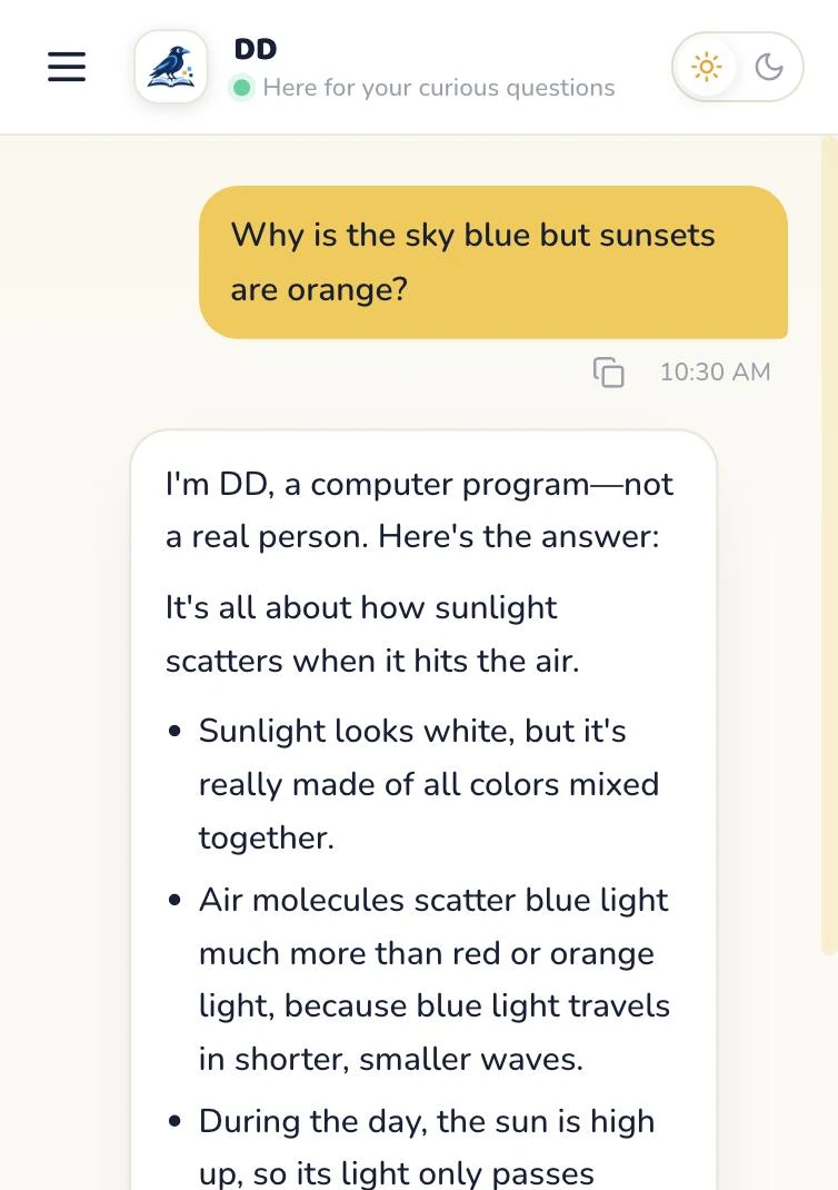 A kid asks 'Why is the sky blue but sunsets are orange?' and RAILE explains light scattering in clear, age-appropriate steps