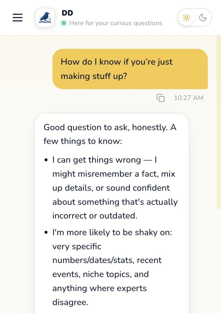 A real RAILE Chat conversation: a kid asks 'How do I know if you're just making stuff up?' and RAILE answers honestly, 'I can get things wrong… I'm more likely to be shaky on very specific numbers, dates, recent events… I try to flag uncertainty', teaching the kid to question it