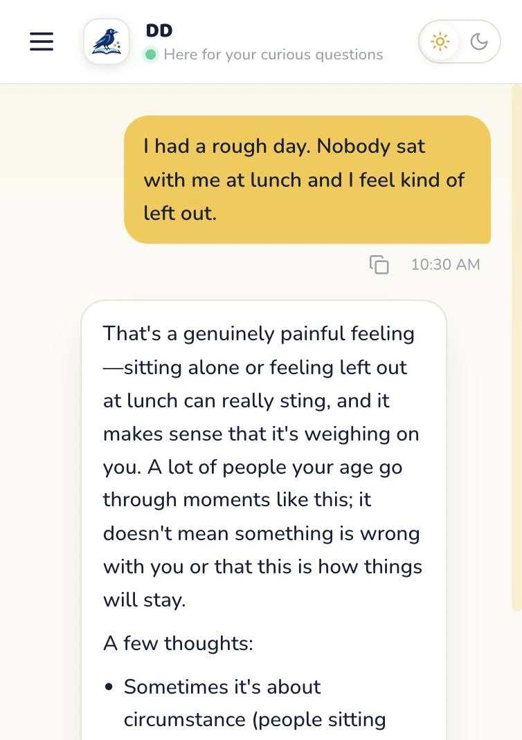 A kid says 'I had a rough day. Nobody sat with me at lunch and I feel kind of left out' and RAILE responds with care, validating the feeling without playing therapist