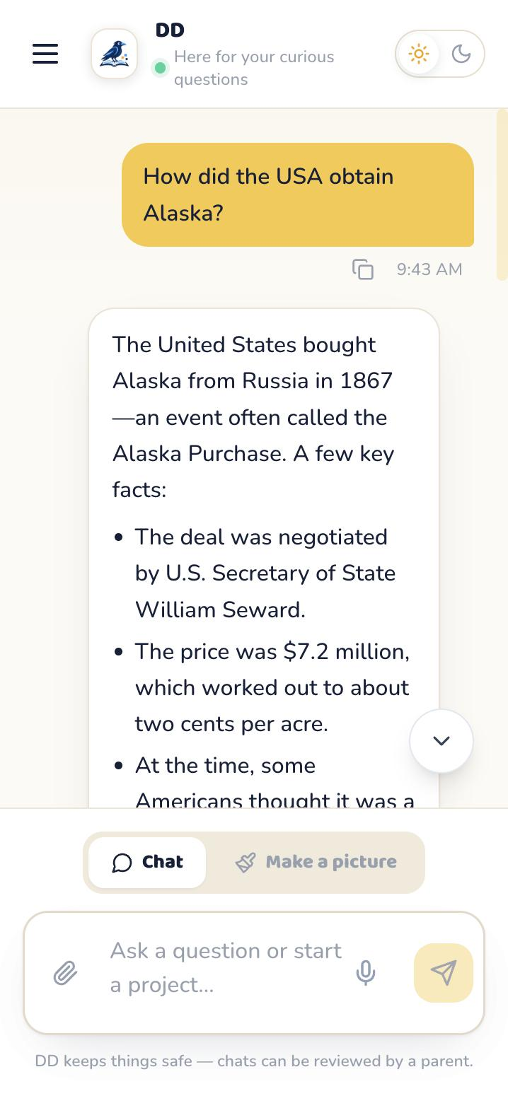 A real RAILE Chat conversation: a kid asks how the USA obtained Alaska, and RAILE explains the 1867 purchase from Russia, negotiated by William Seward for $7.2 million