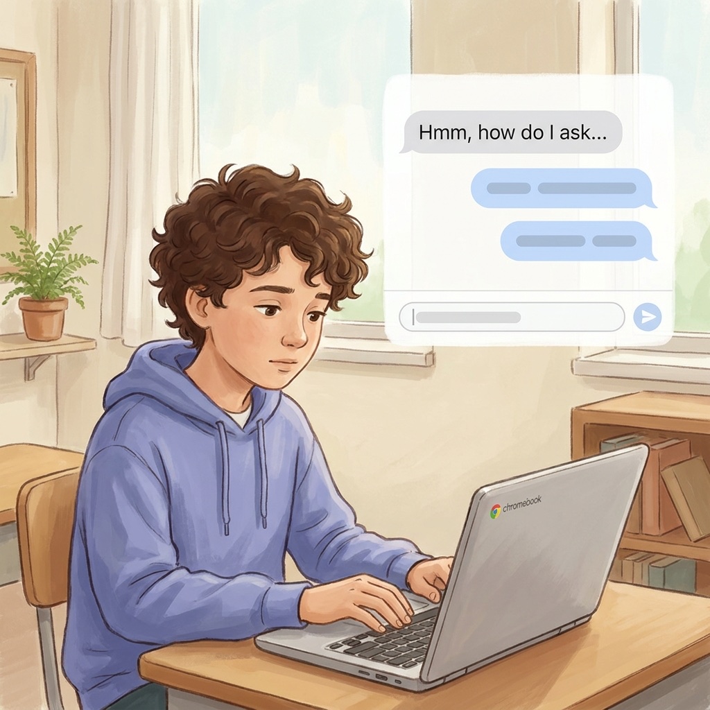 AI-generated illustration of a student typing a homework question into RAILE Chat on a Chromebook