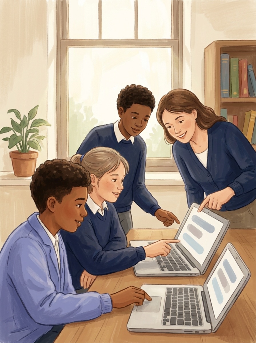 AI-generated illustration of a teacher and middle schoolers working through a RAILE lab on laptops in a classroom