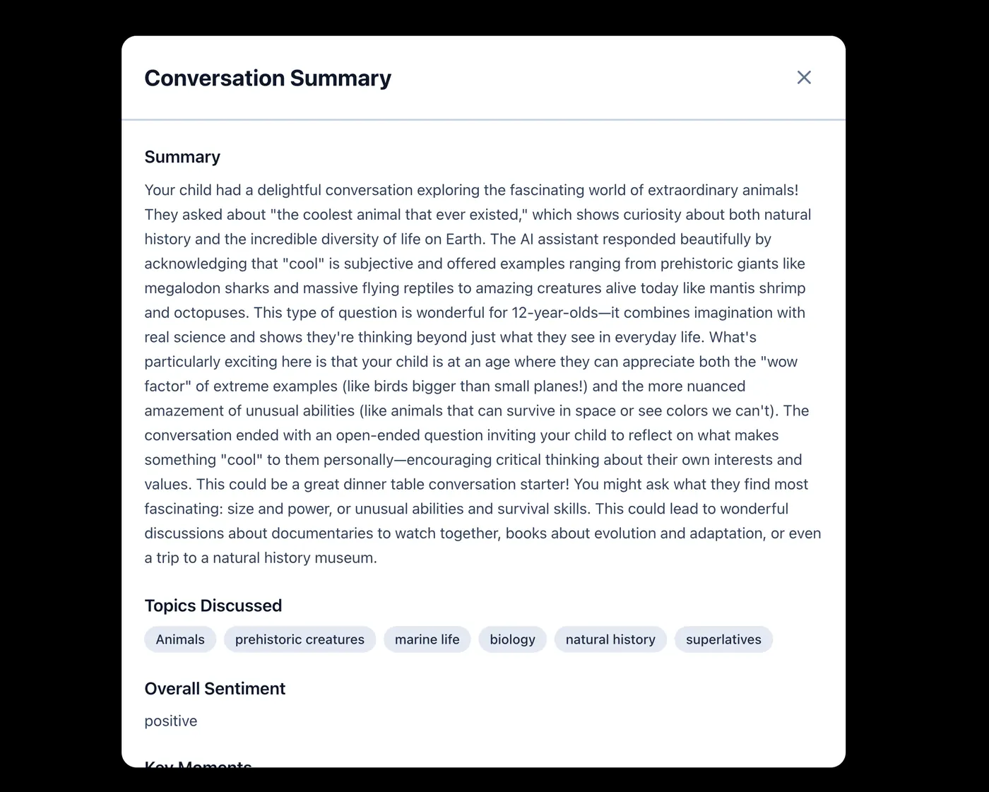 Conversation summary showing topics discussed, sentiment, and key moments