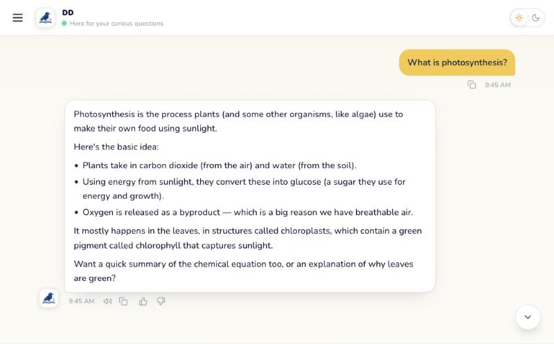 RAILE chat: a child asking about photosynthesis and getting an age-appropriate answer