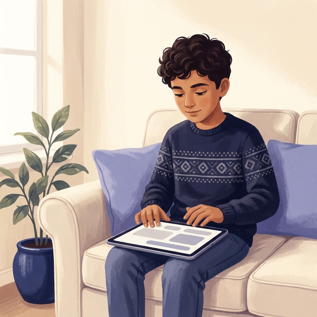 AI-generated illustration of a middle schooler typing a homework question into RAILE Chat on a tablet