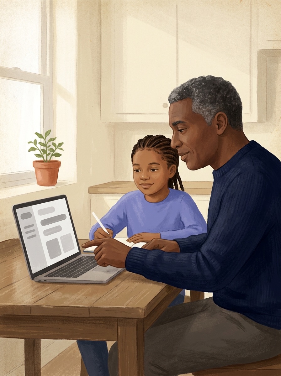 AI-generated illustration of a parent and their middle schooler working through a RAILE lesson together on a laptop at home