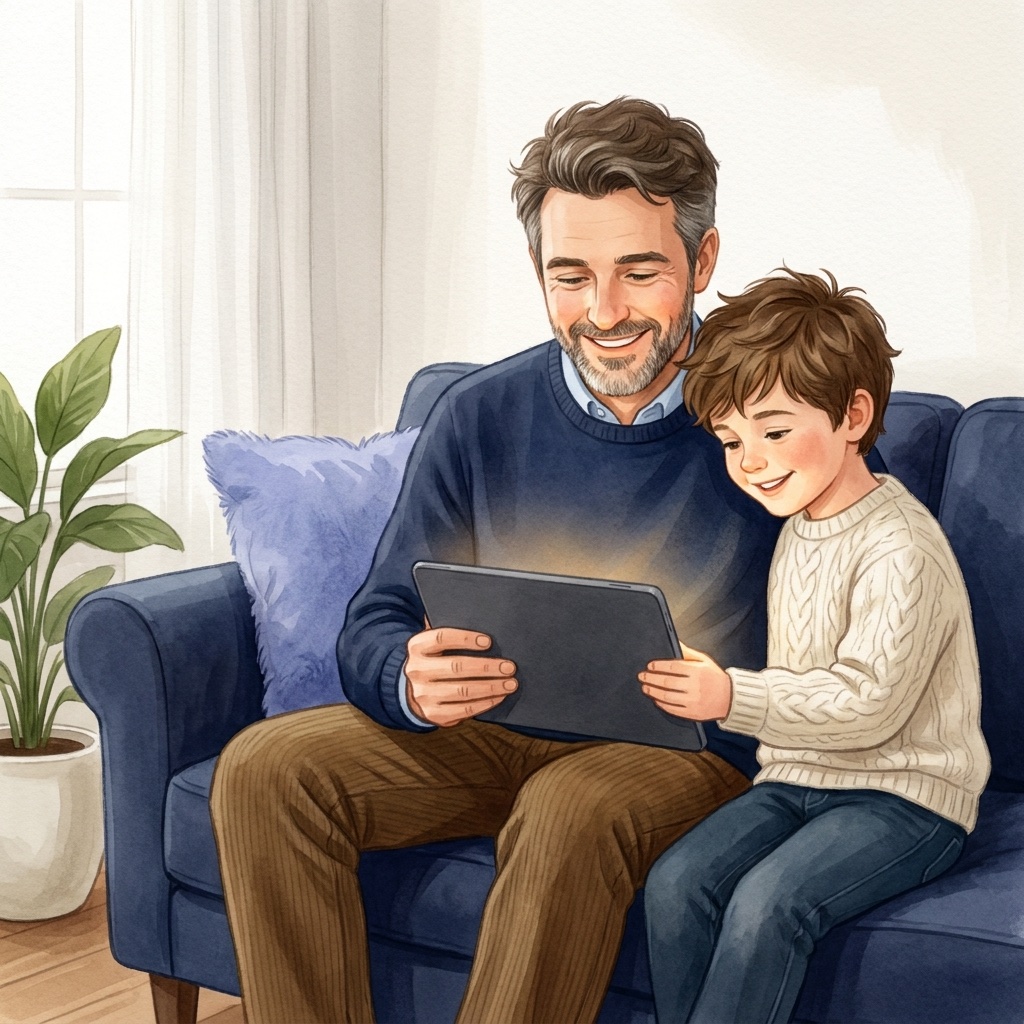 AI-generated illustration of a parent and their middle schooler reviewing the parent dashboard together on a tablet
