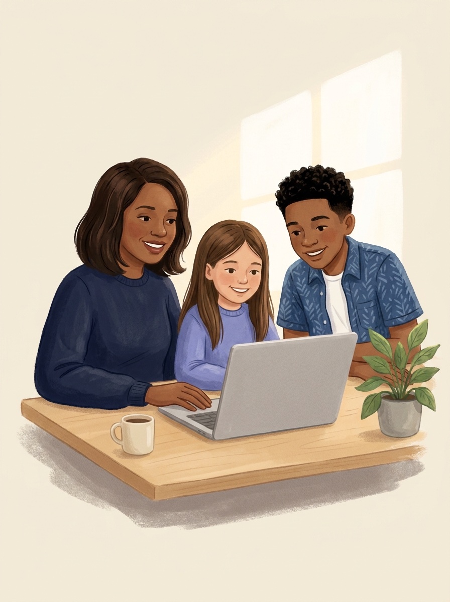 AI-generated illustration of a parent and kids gathered around a laptop at home, relaxed and confident