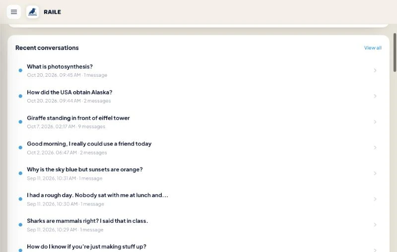 Parent dashboard showing a child's recent conversations, each titled by topic