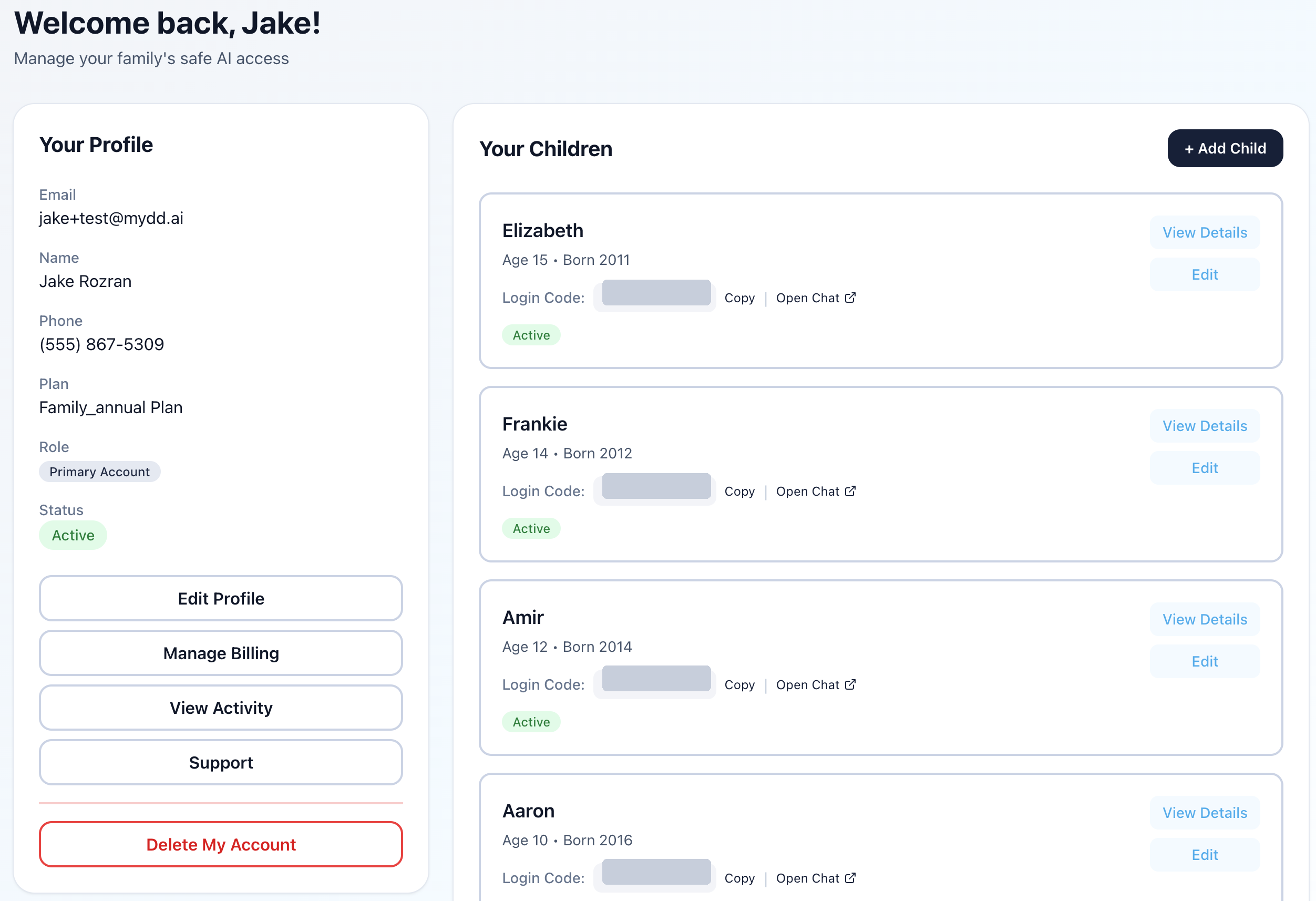 The RAILE parent dashboard: your profile and plan on the left, each child with their login code and an Open Chat link on the right