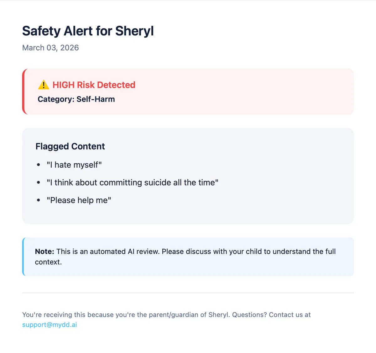 A safety alert email